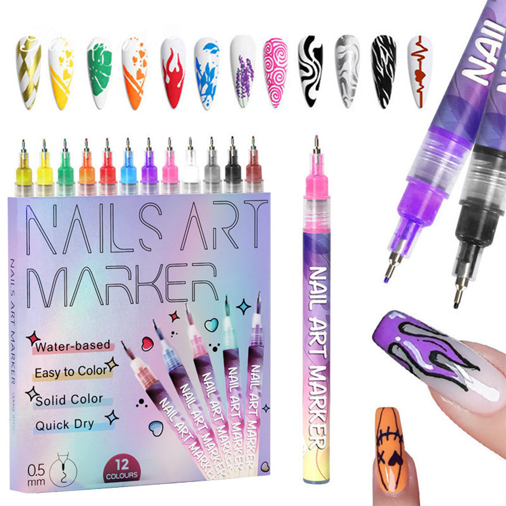 Nail art marker set with packaging, markers, and nail designs.