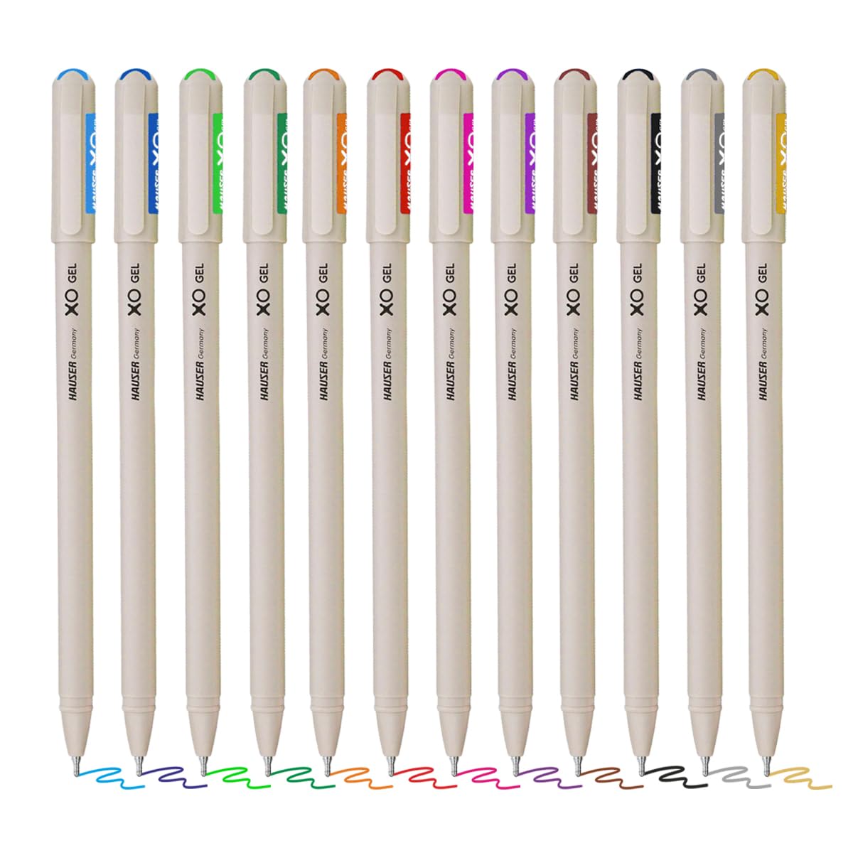 Set of twelve white gel pens with colored tips on a white background