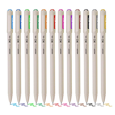 Set of twelve white gel pens with colored tips on a white background