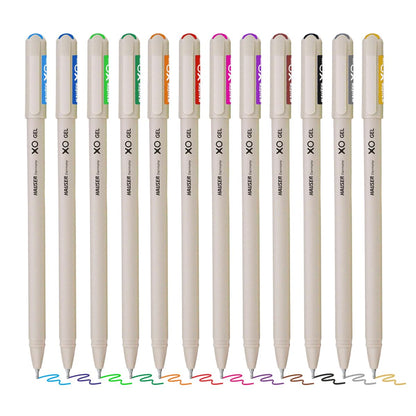 Set of twelve white gel pens with colored tips on a white background