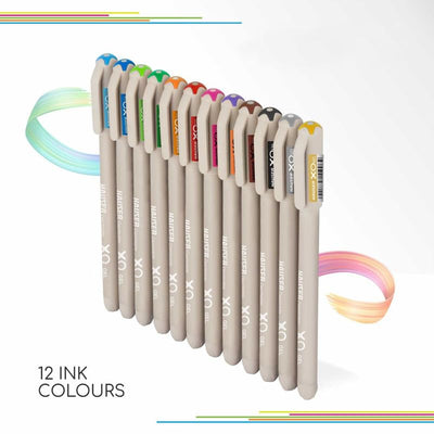 Set of Inox pens with 12 ink colors on a white background