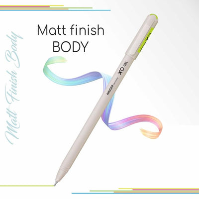 White pen with colorful ink trail on a white background, labeled 'Matt Finish BODY'.