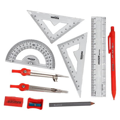 Collection of Hauer geometric drawing tools including rulers, protractor, and compasses on a white background.