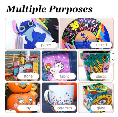 Acrylic paint markers used on various materials, such as paper, records, stone, fabric, plastic, toys, ceramics, and glass.