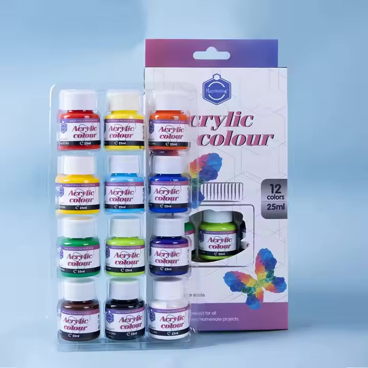 A set of 12 non-toxic acrylic paint tubes in various colors, packaged in a clear plastic case with a purple and white box labeled 'acrylic colour' in the background.