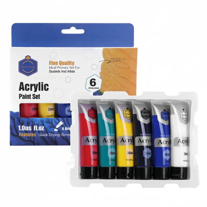 A packaged acrylic paint set by Keep Smiling, containing six individual 30mL tubes of paint in various colors, displayed in front of its blue and orange product packaging.