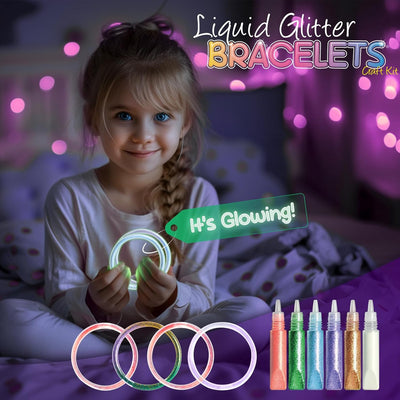 Child holding a glowing bracelet with liquid glitter bracelets craft kit. Buy only from DoodleVerse