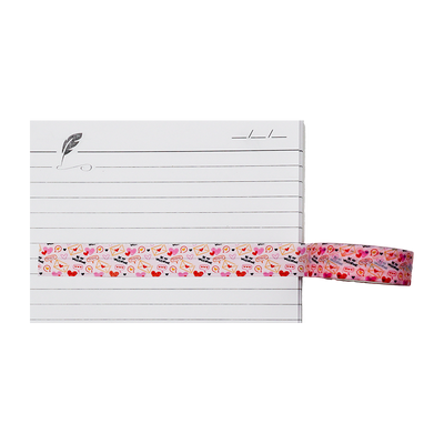 washi tape with charming pattern of hearts, love letters, and "Be My Valentine" messages.