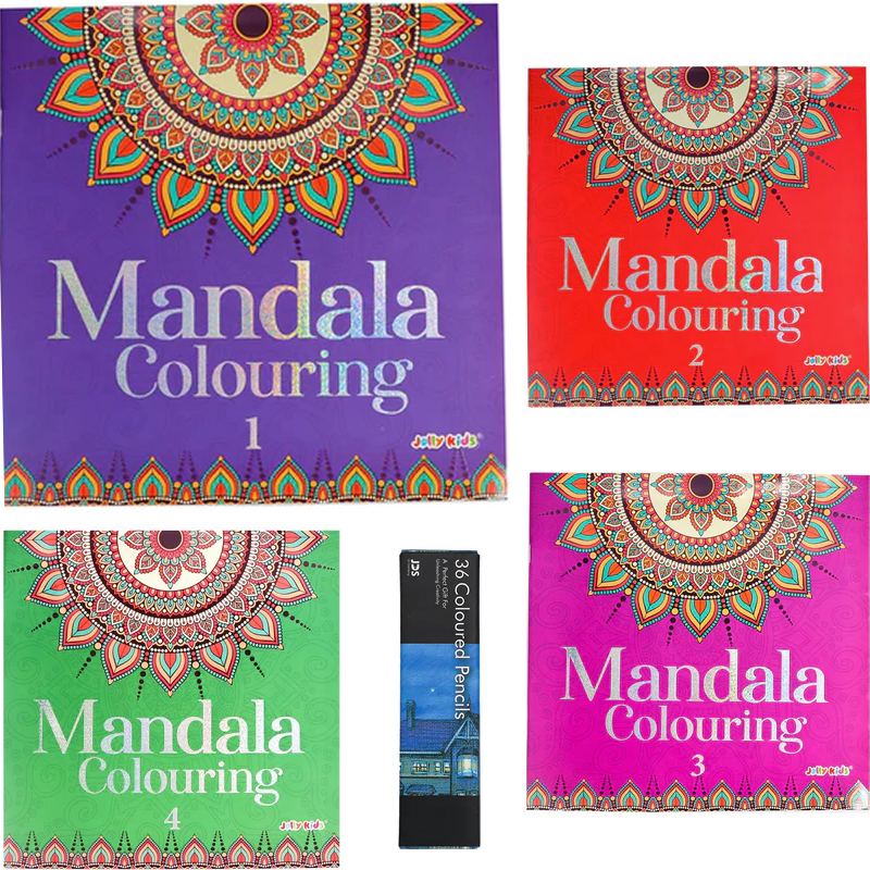 Four mandala colouring books with a set of colored pencils