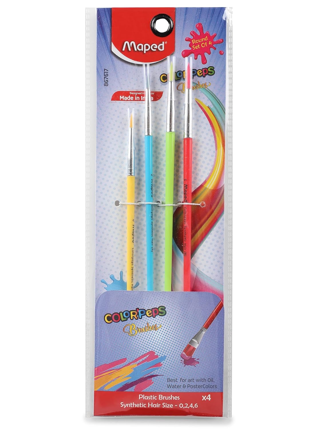 Maped Color'Peps plastic brushes set on packaging with red, yellow, blue, and green handles.