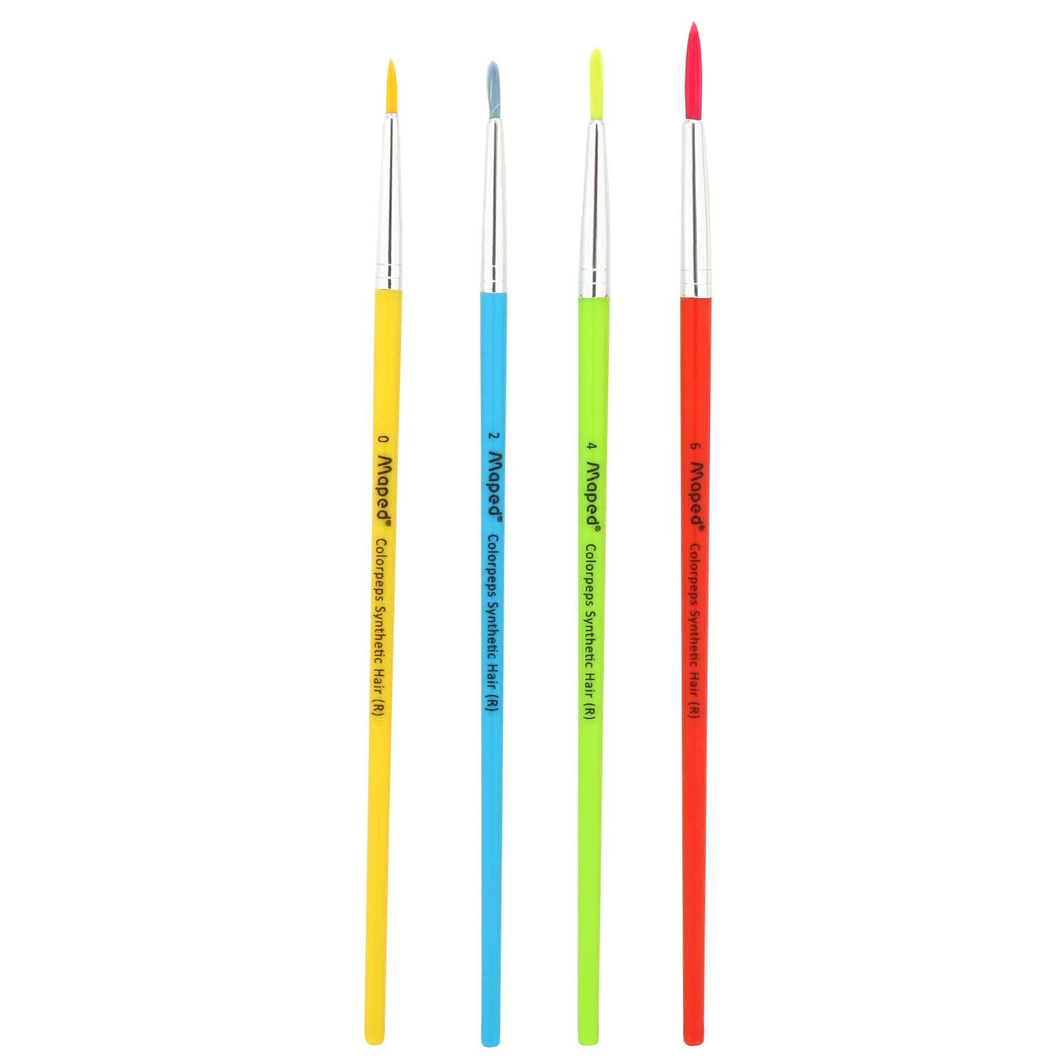 Four paint brushes with colored handles on a white background