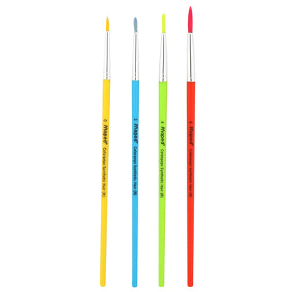 Four paint brushes with colored handles on a white background