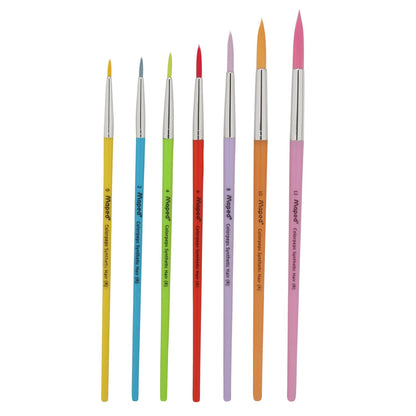 Set of paint brushes with colorful handles on a white background
