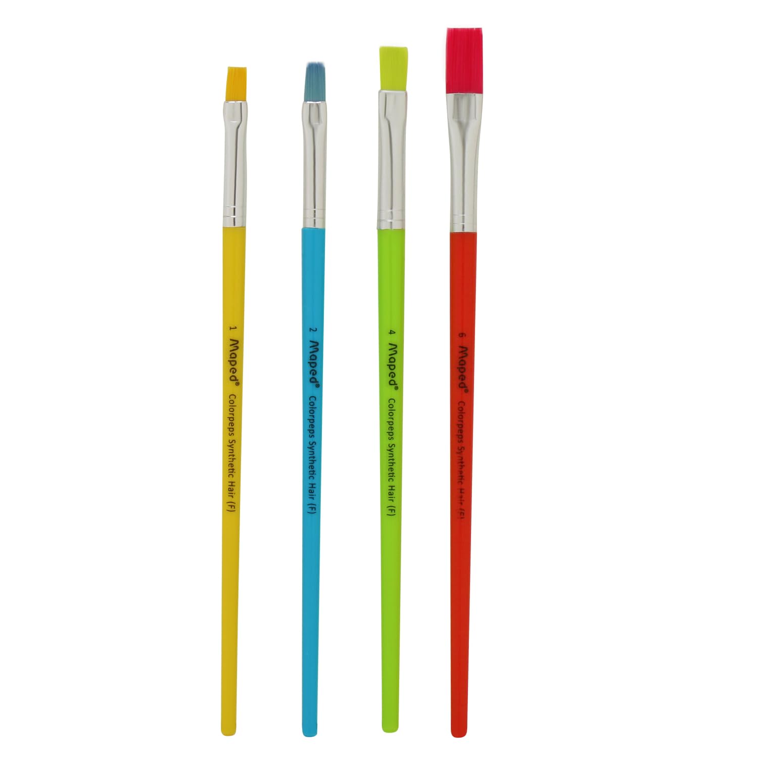 Four paintbrushes with colorful handles on a white background