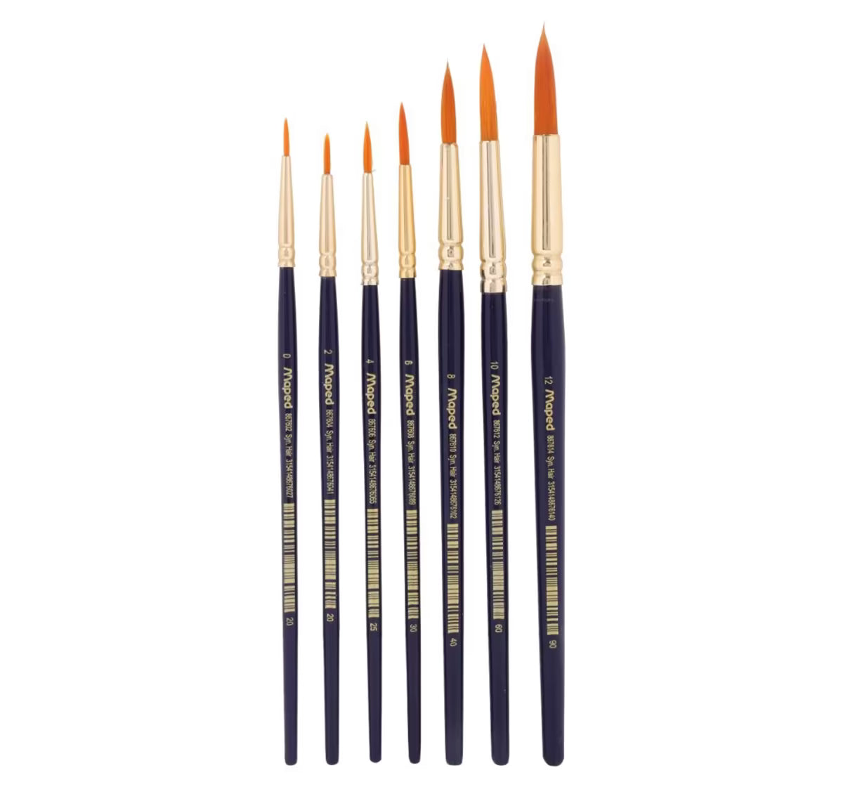 Set of paint brushes with black handles and orange bristles on a white background