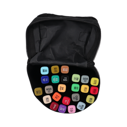 Black round case with colorful markers on a white background