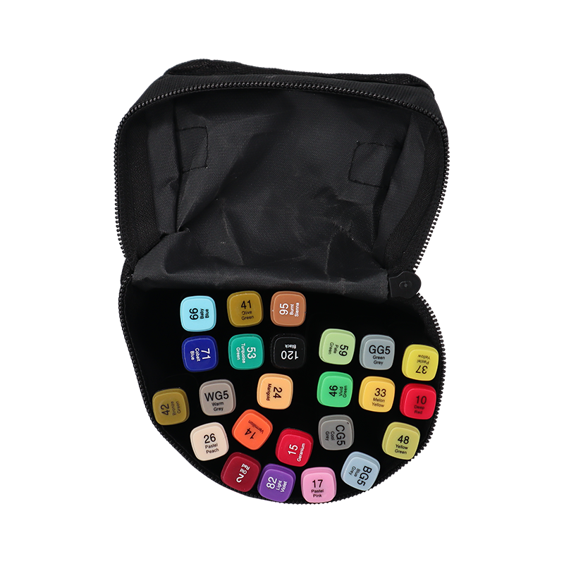 Black round case with colorful markers on a white background