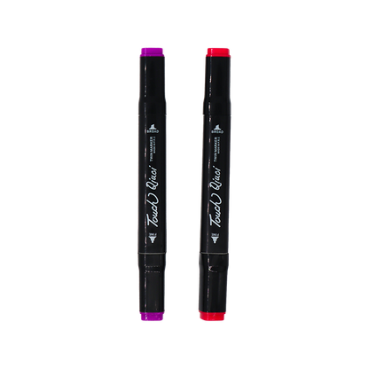 Two black markers with red and purple caps on a white background