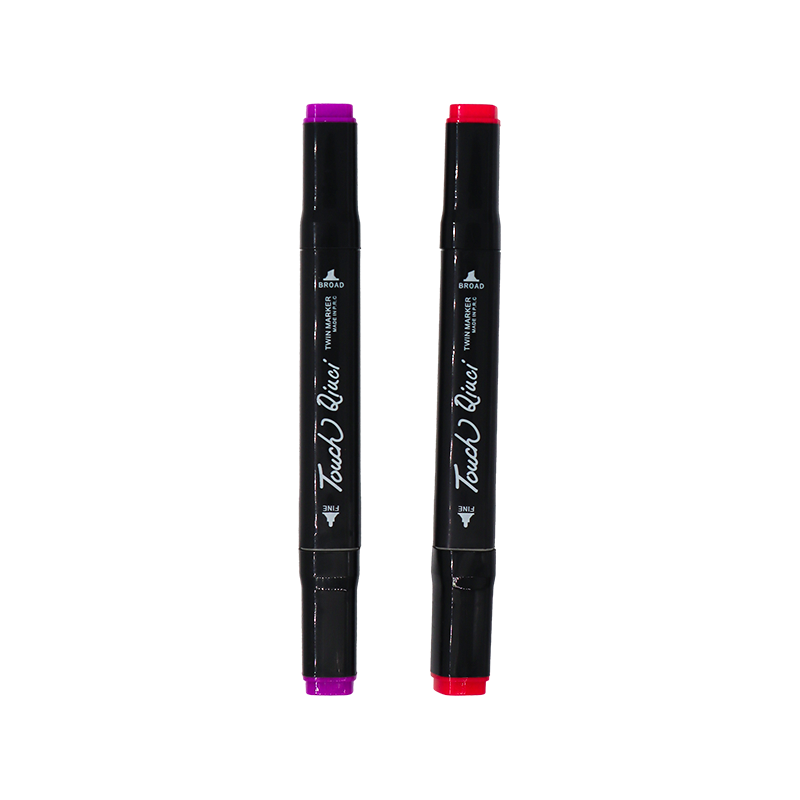 Two black markers with red and purple caps on a white background