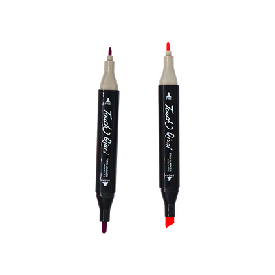 Two dual-tip markers with red and black caps on a white background