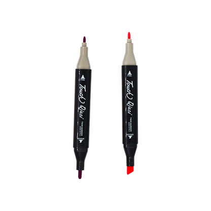 Two dual-tip markers with red and black caps on a white background
