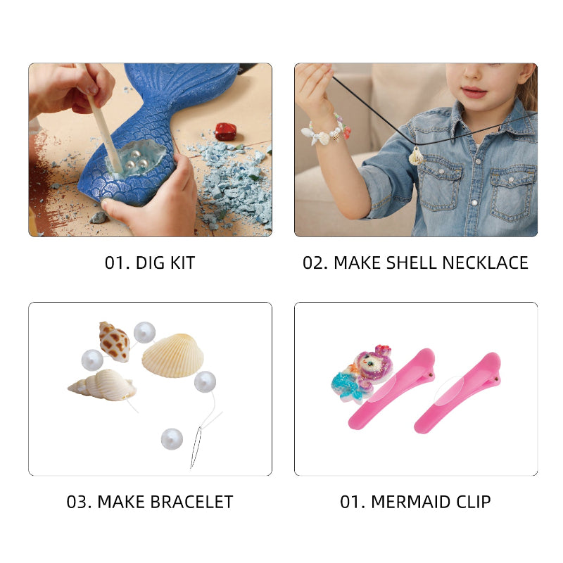 A four-panel instructional graphic showing the DIY process: 1. A child using a wooden tool on the blue mermaid tail dig kit; 2. A child wearing a handmade shell necklace; 3. A close-up of a DIY shell and pearl bracelet; 4. Two pink mermaid-themed hair clips.