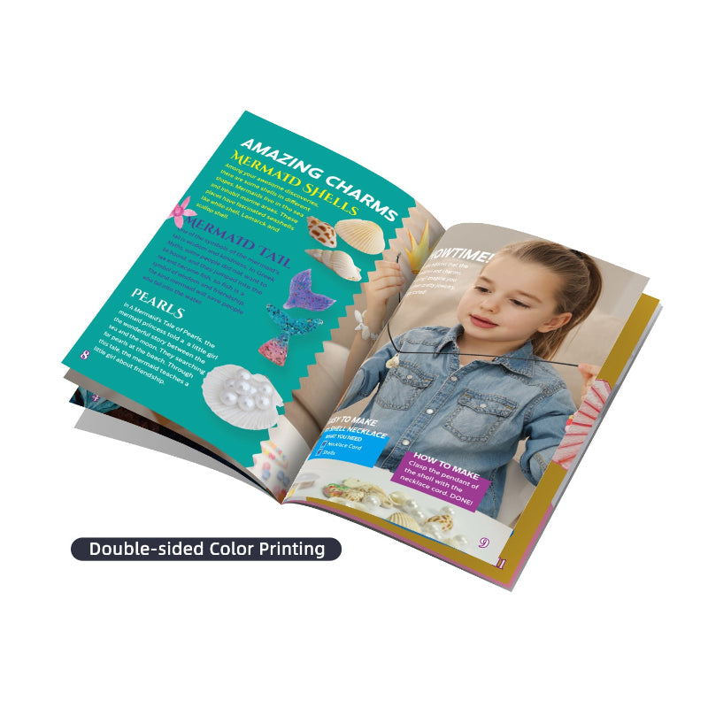 An open double-sided color printed instruction booklet titled "Amazing Charms." The left page explains mermaid lore and pearl facts, while the right page shows a "Showtime!" section with a young girl modeling a DIY shell necklace.