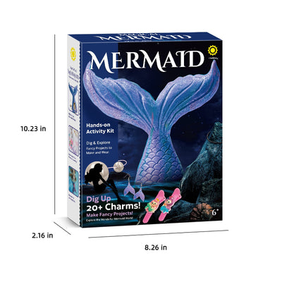 A 3D render of the Magical Mermaid Activity Kit box with white arrows indicating the physical dimensions: a height of 10.23 inches, a width of 8.26 inches, and a depth of 2.16 inches.