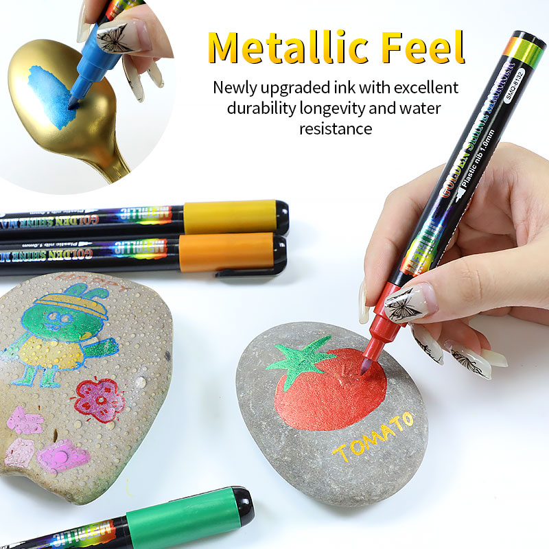 Colourful markers with a metallic feel are being used on rocks and metal.