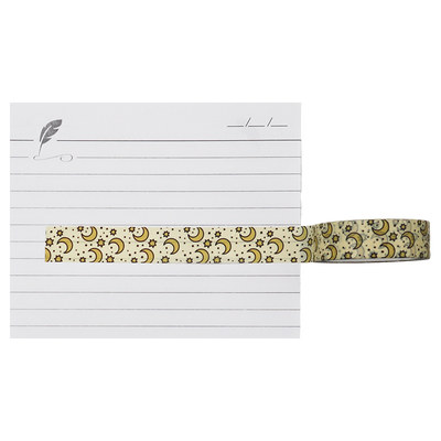 A beautiful washi tape with pattern of crescent moons and stars in gold and yellow tones.