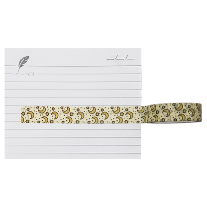 A beautiful washi tape with pattern of crescent moons and stars in gold and yellow tones.