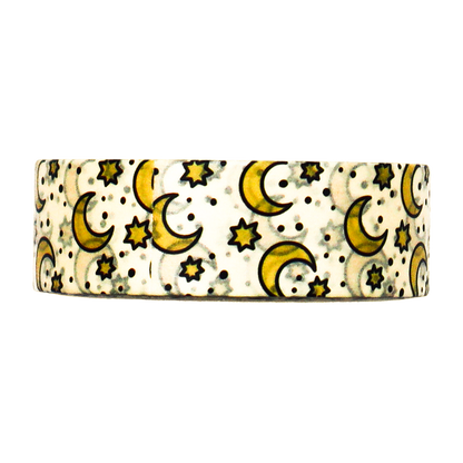 Shop for this beautiful golden washi tape featuring a dreamy pattern of moons and stars. Perfect for decorating journals, planners, and crafts with a celestial touch.