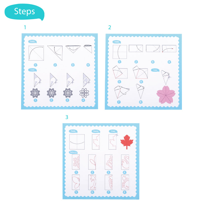 Step-by-step diagram for folding paper into a flower and a maple leaf. Buy now from doodleverse.
