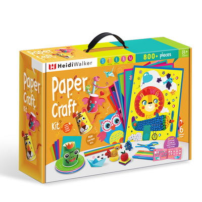 Front packaging of the HeidiWalker 3D Paper Craft Kit showing 800+ pieces, STEAM learning icon, carry handle, and sample 3D paper crafts.