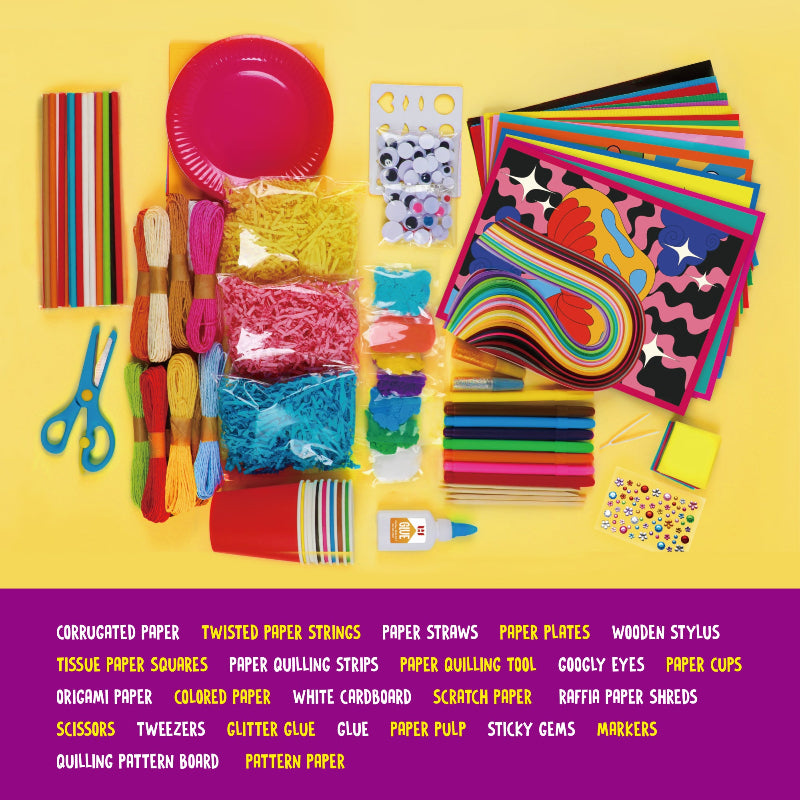 Flat lay of all 800+ included craft supplies including colored paper, quilling strips, paper cups, googly eyes, glue, markers, and tools.