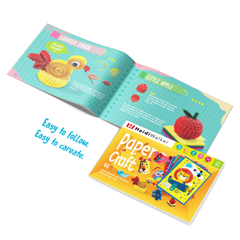 Open step-by-step instruction guide book demonstrating how to make paper quilling chicks and corrugated paper crafts.