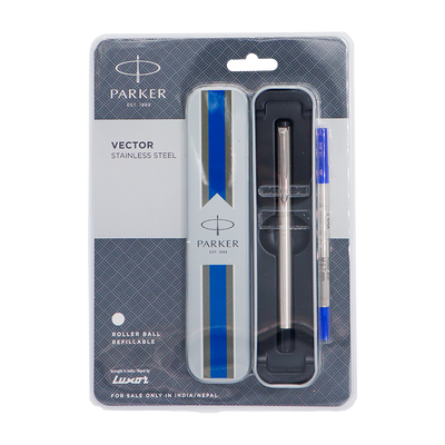 Parker Vector stainless steel rollerball pen set in packaging with free refil