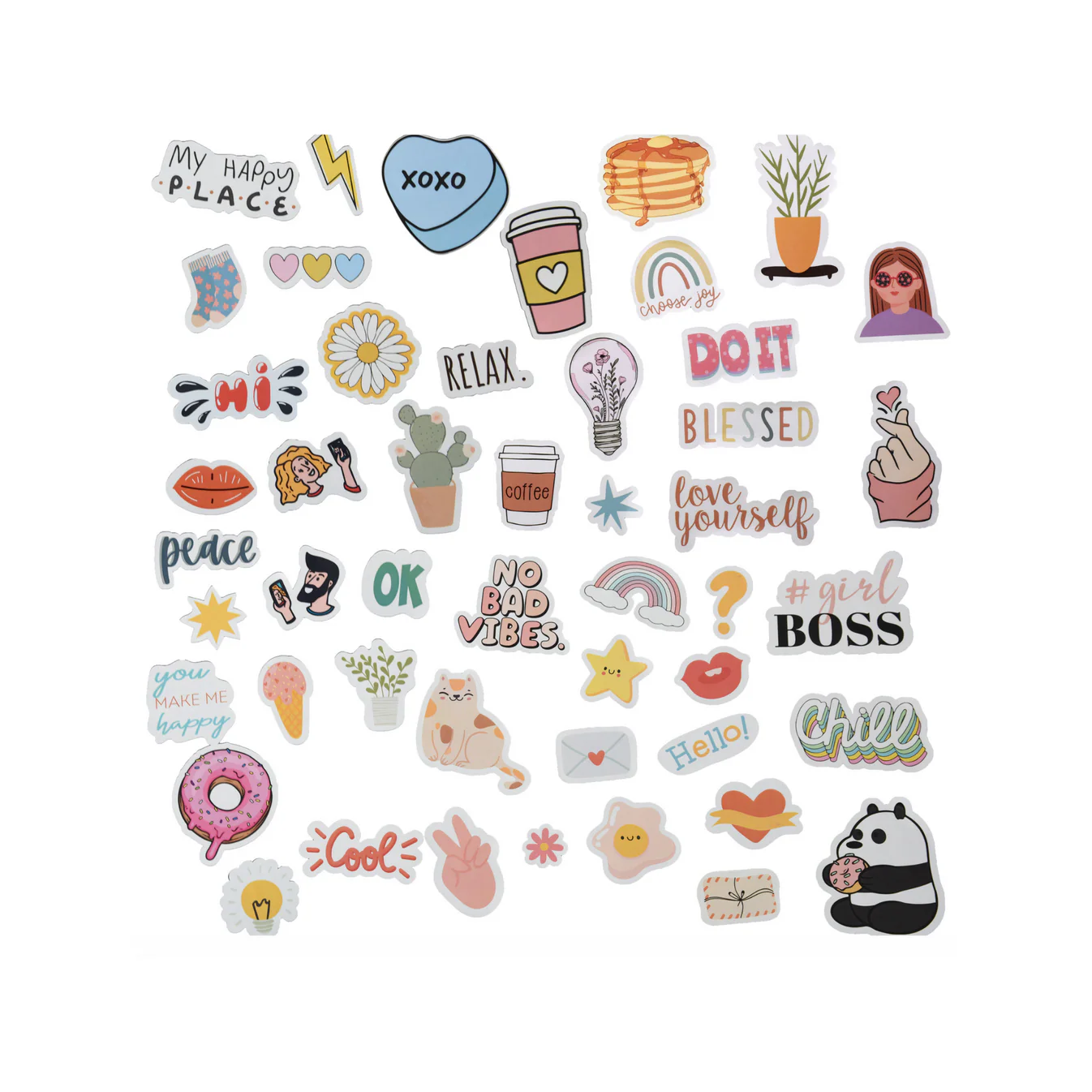 Collection of colorful stickers with various designs and text on a white background