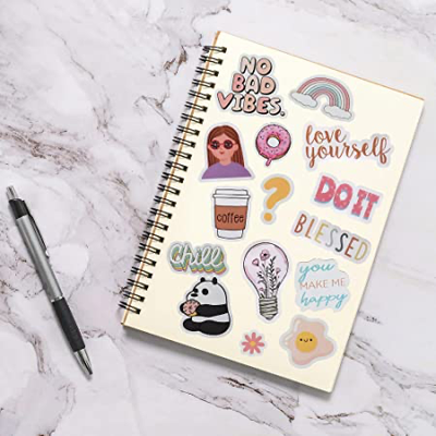 Notebook with colourful stickers 