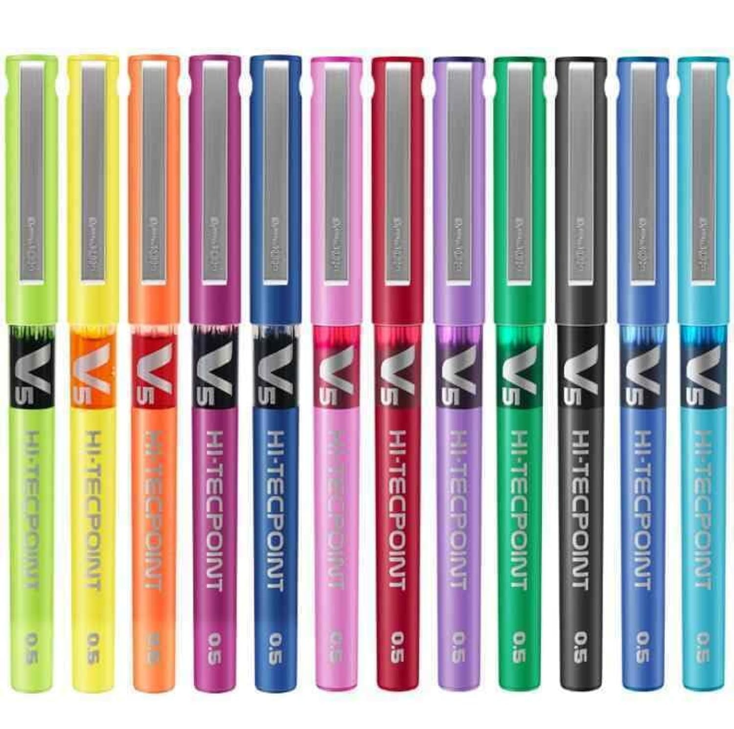 Set of V5 Hi-Tecpoint pens in various colors arranged in a row.