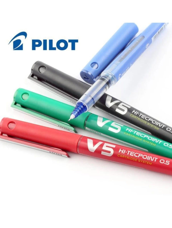 Pilot V5 pens available in 4 ink colours. Red, Blue, Black, Green. 