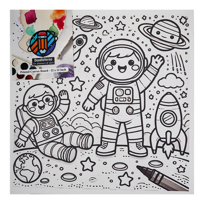 Printed Canvas with astronauts, rockets, and space-themed illustrations on a printed canvas board.