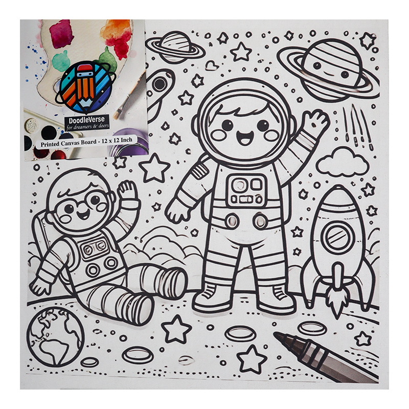 Printed Canvas with astronauts, rockets, and space-themed illustrations on a printed canvas board.