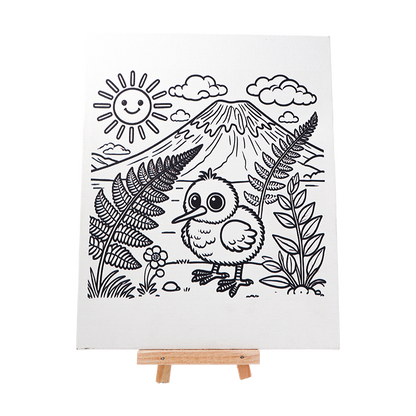Printed Canvas illustration of a bird, sun, mountain, and ferns on a white background with a wooden easel.