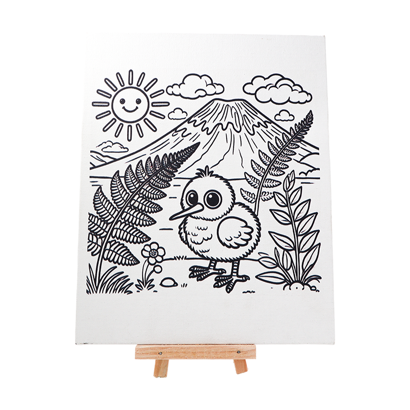 Printed Canvas illustration of a bird, sun, mountain, and ferns on a white background with a wooden easel.