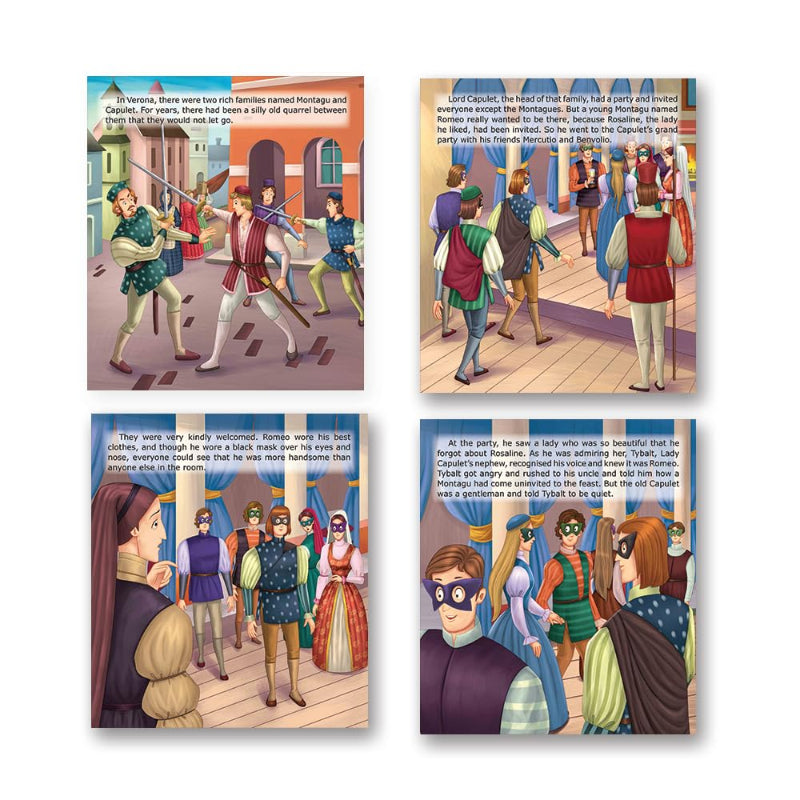 Illustrated Shakespeare book pages with characters in costumes and text