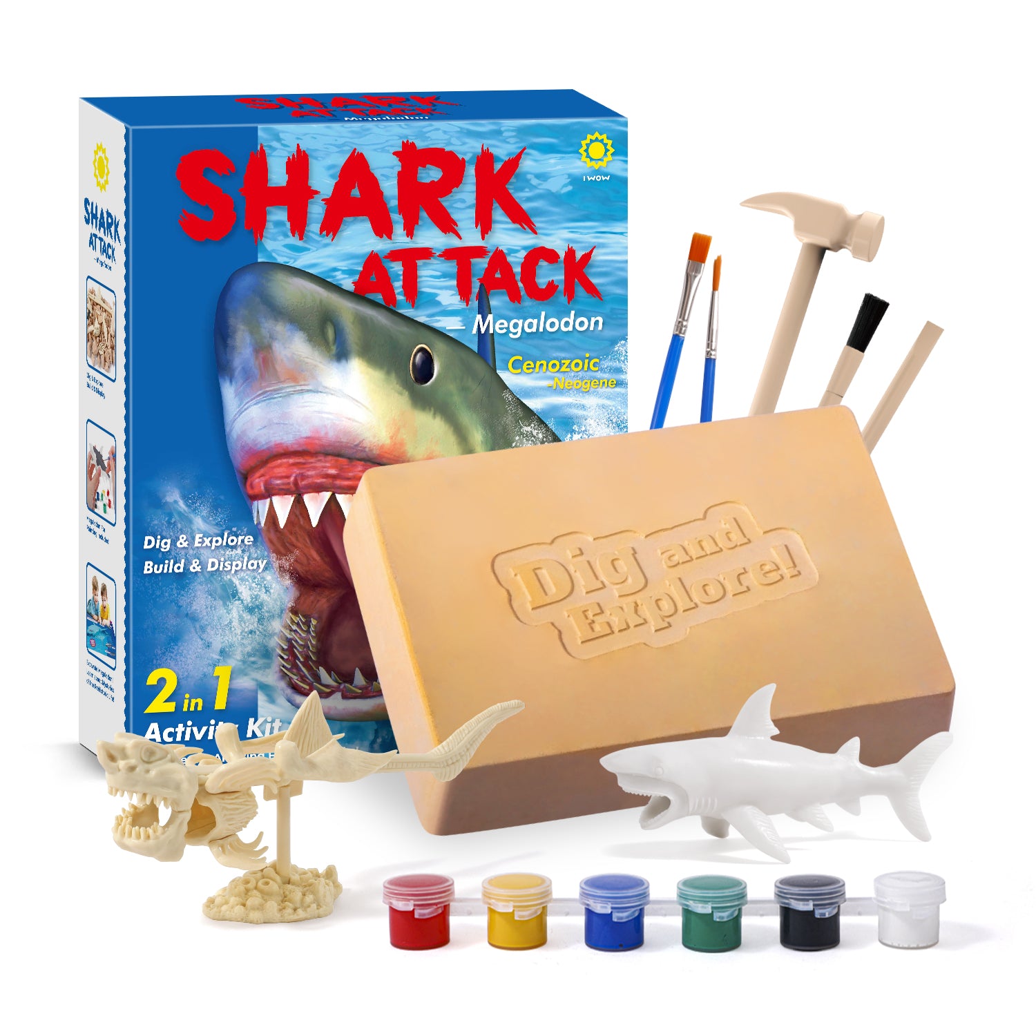 Shark-themed excavation kit with tools, paint cans, and a shark model on a white background.