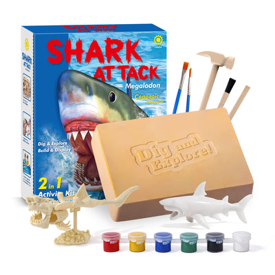 Shark-themed excavation kit with tools, paint cans, and a shark model on a white background.