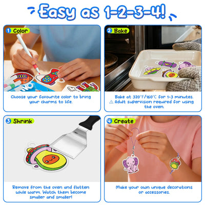 Step-by-step visual demonstration showing 1) colouring with markers, 2) baking in the oven at 160°C, 3) flattening warm shrinkies, and 4) making keychains.