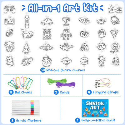 Complete component breakdown showing 30 pre-cut charm outlines, 8 acrylic markers, 8 ball chains, 4 lanyard straps, 2 cords, and the instruction booklet.